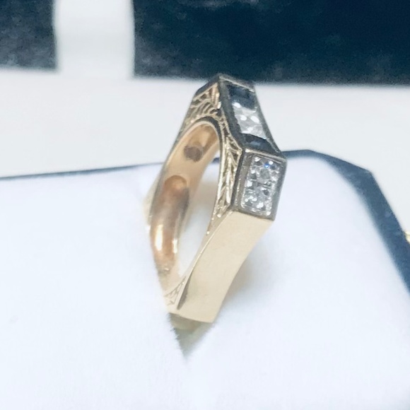 Solid 14K Yellow Gold Diamond & Sapphire Ring - Picture 7 of 16